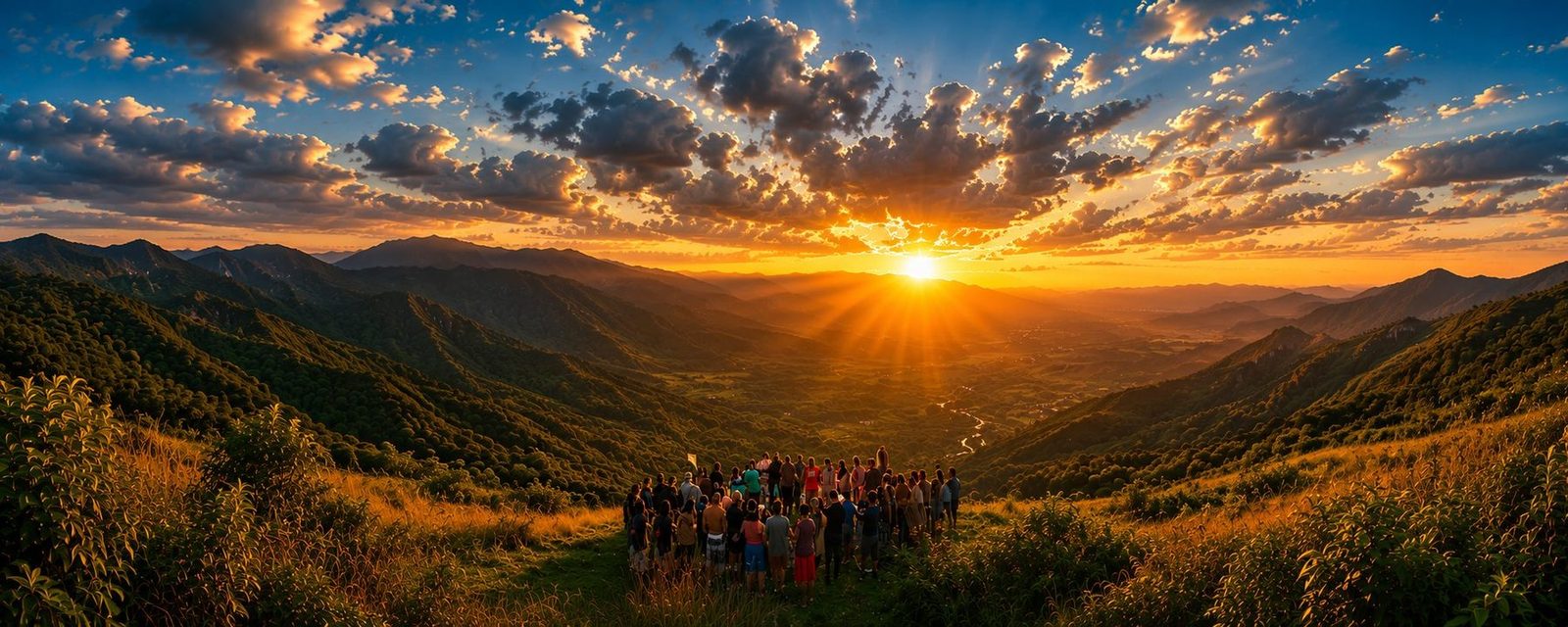 Community members gathered at sunset over a mountain valley